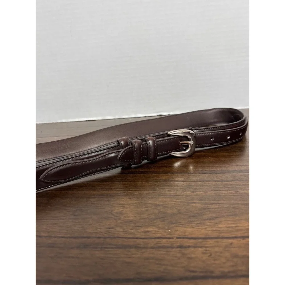 Brown Leather Ranger Belt Stitched Tapered Western Silver Tone Buckle Size 40